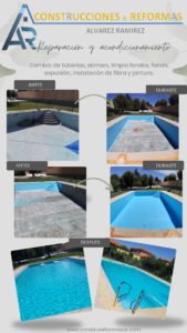 Pozo de Guadalajara : Mantenimiento y reparación de pisicina - Cambio de tuberías -Retiro de fibra y colocación de fibra nueva - Escaleras romanas con pasamanos.